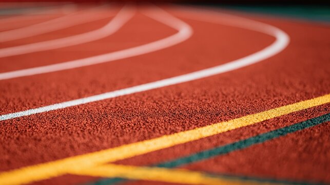 Close-up on a vibrant red athletic running track with white and yellow lane lines