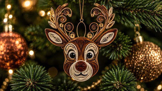 A detailed reindeer head ornament crafted from rolled paper quilling hangs amidst festive decorations