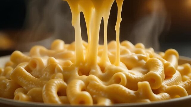 Hot Macaroni and Cheese Bowl with Creamy Melted Cheese Pull and Steam Rising Close Up Comfort Food