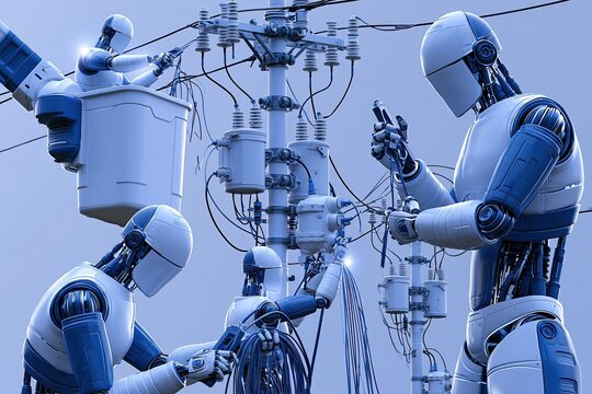 Futuristic robots performing electrical maintenance on utility pole with transformers and wires