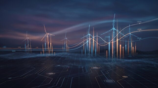 Digital visualization of wind energy production with data charts and futuristic landscape.