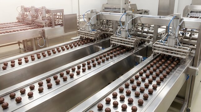 Chocolate candies moving on conveyor belts in modern factory production line