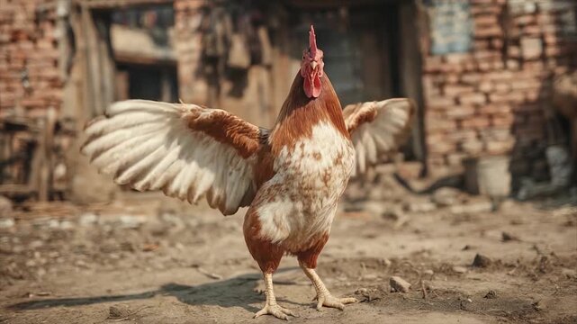 A rooster with outstretched wings is the focus in a rural outdoor setting