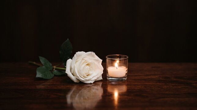 A single rose and a lit candle on a dark wooden surface, symbolizing remembrance and All Saints Day