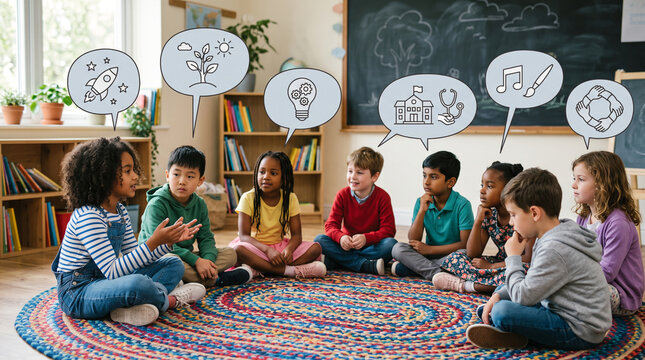 Diverse group of children sitting in a circle and sharing ideas about their dreams for the future, speech bubbles containing abstract symbols only, classroom setting, education and empowerment concept