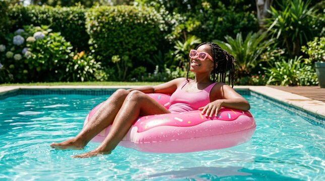 Young Black woman relaxing on glossy pink inflatable donut pool float in turquoise swimming pool, summer leisure lifestyle photography with lush tropical greenery background
