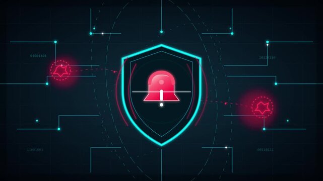 Glowing shield icon with warning bell pulses in this technical digital network data motion video