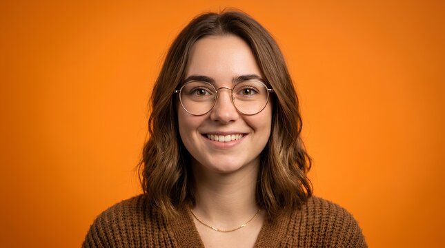 Studio close-up portrait of smiling young woman wearing round glasses and warm brown knit sweater against vibrant orange background, natural light and cheerful expression