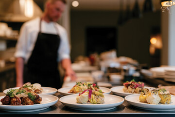 Obraz premium A skilled chef artfully prepares gourmet plates in a modern restaurant kitchen, embodying culinary mastery and the passion for creating exquisite dining experiences.