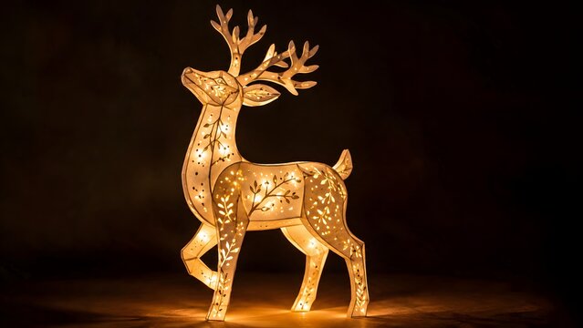 Illuminated reindeer decoration stands against a dark blurred background