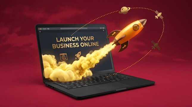Business online concept with rocket launching from laptop.