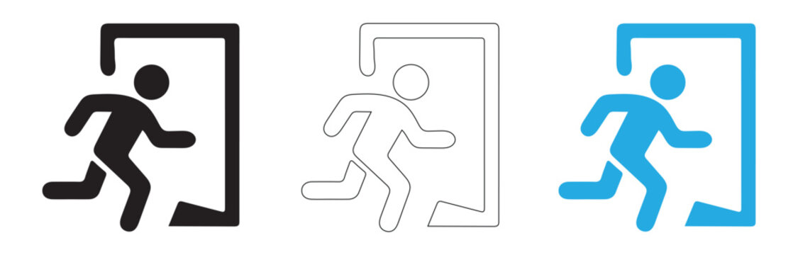 Emergency exit door icon set, running man fire escape safety and evacuation route symbols vector concept