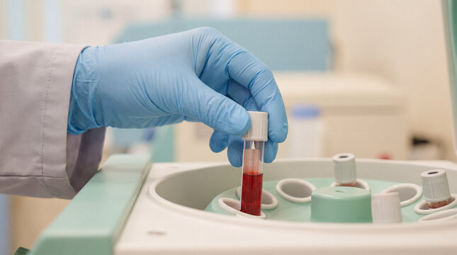 Lab technician placing a blood sample tube into a centrifuge machine for testing in a medical laboratory. Concept of blood donation, blood bank processing, laboratory diagnostics.