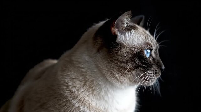 Stunning Siamese cat pet portrait on black background highlighting striking blue eyes