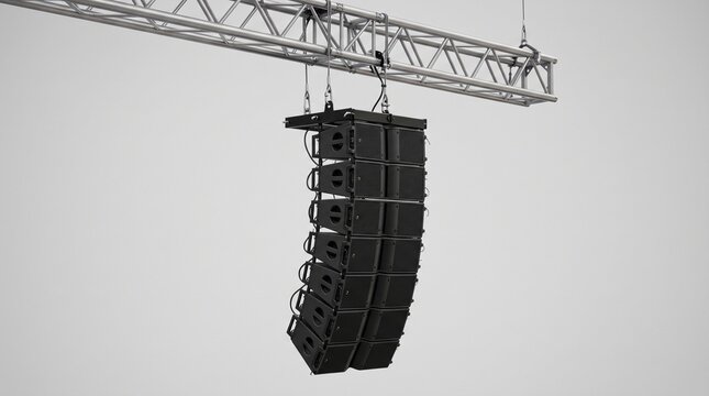 Black Line Array Speaker System Hanging from Truss.