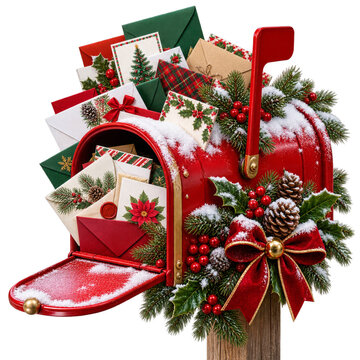 Red Christmas mailbox overflowing with greeting cards