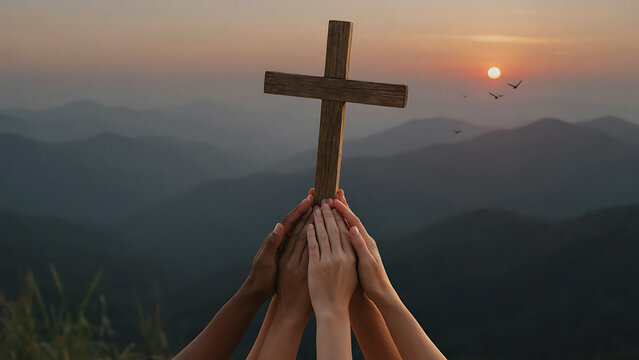 Multiracial hands holding Christian cross in outdoor prayer service