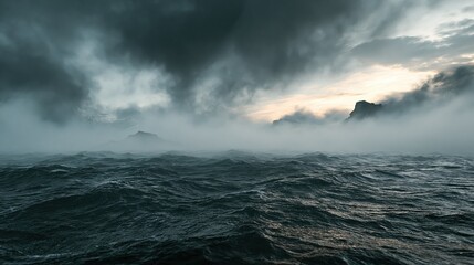Obraz premium Dramatic stormy ocean waves with fog shrouded islands and moody sky at dawn