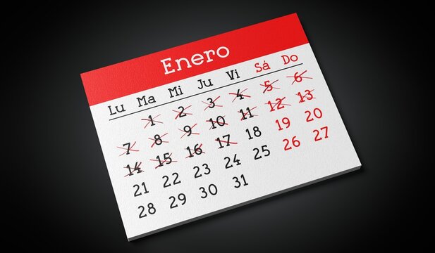 January in Spanish - Paper Calendar Page - 3d illustration