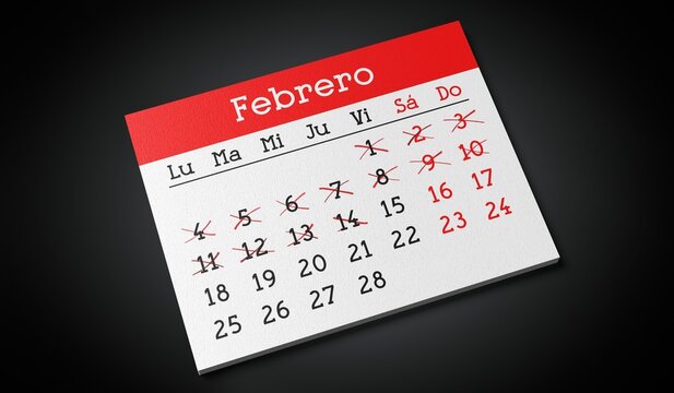 February in Spanish - Paper Calendar Page - 3d illustration