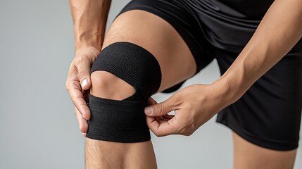 Fototapeta premium Close-up of athlete applying adjustable black knee support brace for injury prevention and pain relief