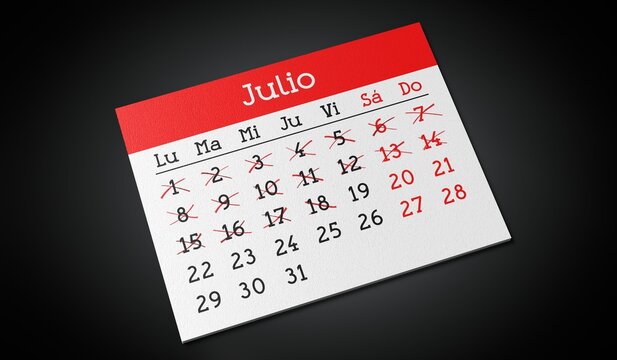 July in Spanish - Paper Calendar Page - 3d illustration