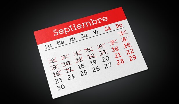 September in Spanish - Paper Calendar Page - 3d illustration