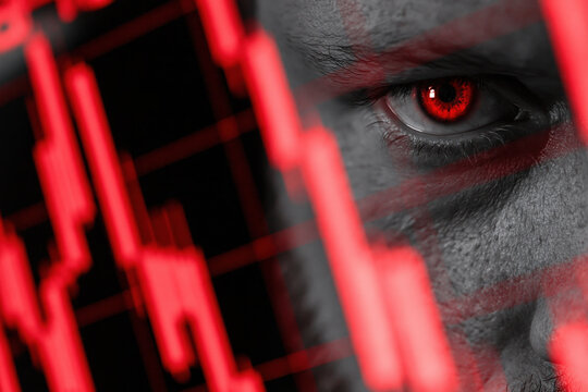 Double exposure male face red stock chart financial risk intense gaze symbolizing market anxiety and investment uncertainty