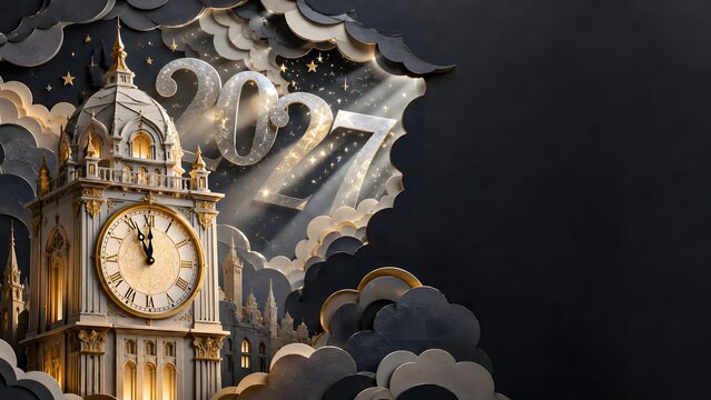 Papercraft clock tower with golden numerals announces the year 2027 in a festive illustration