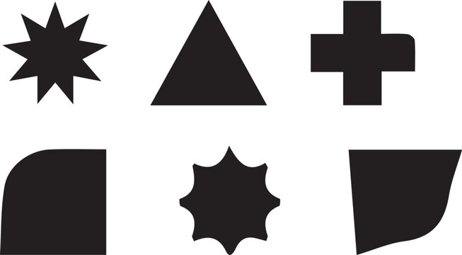 Geometric shapes and abstract symbols vector icon set, multi-pointed star, triangle, plus sign, rounded corner block, curved star burst and irregular shape illustration