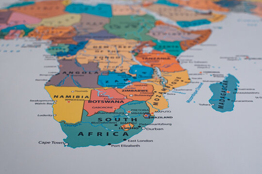 Close-up view of a colorful political map focusing on Southern Africa and Madagascar.
