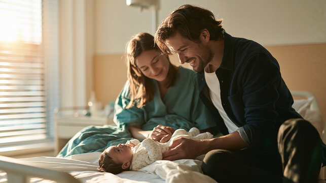 A happy young couple smiling and looking down at their newborn baby lying on a hospital bed in a bright maternity ward room after childbirth.