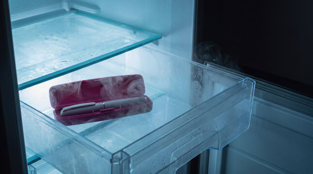 Glp-1 weight loss pen stored inside a cold refrigerator with frost and vapor