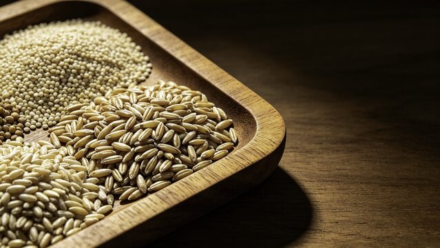 grain assortment with amaranth farro and freekeh in wooden t