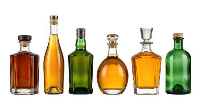 Assorted glass bottles with various alcoholic beverages isolated on transparent background