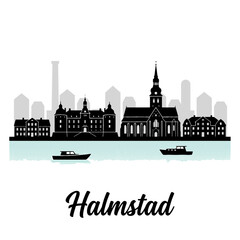 Naklejka premium Halmstad Sweden City Skyline Silhouette Vector Illustration with Halmstad Castle and River