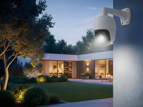 Modern outdoor security camera mounted on wall overlooking contemporary home garden at dusk