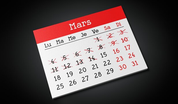 March in French - Paper Calendar Page - 3d illustration