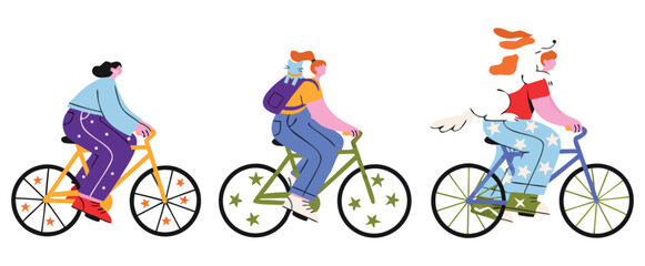 Fototapeta premium Three different people riding bicycles in flat vector style