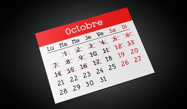 October in French - Paper Calendar Page - 3d illustration