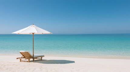Fototapeta premium Tropical beach with turquoise water, white sand, and sun umbrella create peaceful coastal escape under clear blue sky and calm horizon