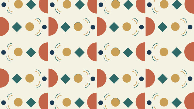 Repeating pattern of geometric shapes including semicircles, diamonds, and circles in a structured grid, ideal for textile design and modern decorative backgrounds.