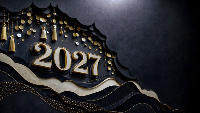 Golden new year 2027 celebration with layered paper and confetti details