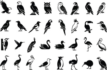 Naklejka premium Bird Silhouette Collection. Vector Silhouette Animal Set. Black Bird Outline Icons With White Background. Eagle Owl Parrot Heron Woodpecker Swan Duck Penguin. Illustration Elements For Design