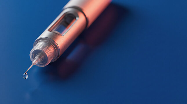 Medical injection pen with single water droplet hanging on needle tip on blue surface