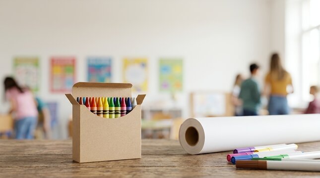 Box of colorful crayons and art supplies on a wooden table in a classroom.