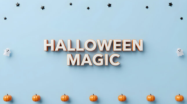 Halloween magic words centered on a pastel blue background with pumpkins and ghosts