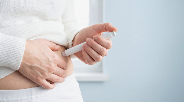Woman administering glp 1 therapy injection into her abdomen using a medical pen device