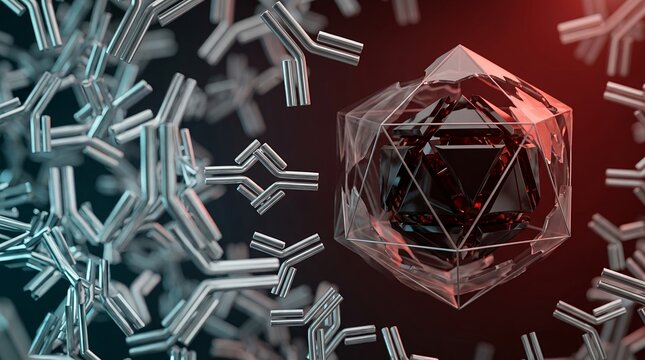 3D Illustration of Immune System Antibodies Targeting a Virus