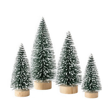 Set of four small decorative artificial christmas trees with snow on wooden bases isolated on transparent background